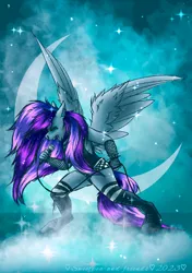 Size: 1748x2480 | Tagged: safe, derpibooru import, oc, oc:fluorspark, unofficial characters only, anthro, pegasus, pony, boots, clothes, emo, fangs, female, fishnet gloves, image, jpeg, knee-high boots, mare, metal, moon, piercing, shoes, shorts, singing
