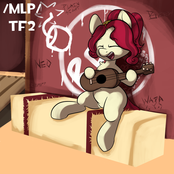 Size: 2000x2000 | Tagged: safe, derpibooru import, cherry jubilee, earth pony, pony, /mlp/ tf2 general, 2fort, community related, guitar, hay, hay bale, image, musical instrument, png, team fortress 2, text