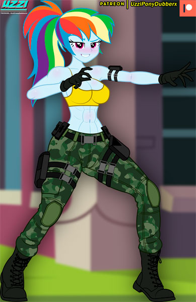 Size: 389x600 | Tagged: suggestive, artist:uzzi-ponydubberx, rainbow dash, human, equestria girls, abs, belly button, boobshot, bra, clothes, cosplay, costume, image, jpeg, leona, military uniform, patreon, patreon logo, street fighter, stupid sexy rainbow dash, the king of fighters, underwear, woman