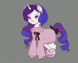 Size: 3145x2550 | Tagged: safe, artist:fluttr3, derpibooru import, rarity, pony, unicorn, alternate hairstyle, bow, clothes, female, gray background, image, jpeg, mare, ribbon, simple background, smiling, solo, sweater, sweater dress, tail, tail bow