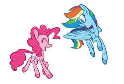 Size: 2029x1379 | Tagged: safe, artist:jimmyjamno1, derpibooru import, pinkie pie, rainbow dash, earth pony, pegasus, pony, female, image, jpeg, looking at each other, looking at someone, mare, open mouth, open smile, simple background, smiling, smiling at each other, turned head, unshorn fetlocks, white background