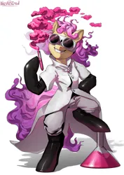 Size: 2480x3508 | Tagged: safe, artist:blazingstred, derpibooru import, oc, oc:quickdraw, semi-anthro, clothes, commissioner:dhs, confident, erlenmeyer flask, evening gloves, flask, flowing mane, flowing tail, freckles, full body, gloves, goggles, image, lab coat, latex, latex gloves, latex socks, long gloves, mad scientist, png, potion, purple mane, simple background, smiling, smoke, socks, standing, standing on one leg, tail, test tube, white background, yellow coat