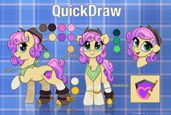 Size: 4471x3000 | Tagged: safe, artist:cornelia_nelson, derpibooru import, oc, unofficial characters only, earth pony, pony, boots, bust, chest fluff, clothes, coat markings, cowboy boots, cowboy hat, curly hair, cutie mark, earth pony oc, eye lashes, freckles, green eyes, hat, heart, heart mark, hoof ring, image, looking at you, name, patterned background, png, purple mane, reference sheet, reflection, scarf, shoes, simple background, smiling, socks (coat marking), spurs, standing