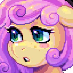 Size: 320x320 | Tagged: safe, artist:hikkage, derpibooru import, oc, oc:quickdraw, pony, animated, blushing, bust, curly hair, cute, ear twitch, freckles, gif, green eyes, image, looking at you, looking forward, pixel art, portrait, shy, smiling, sparkly eyes, wingding eyes