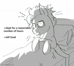 Size: 1320x1178 | Tagged: safe, artist:dimbulb, derpibooru import, oc, oc:dimbulb, unofficial characters only, pony, bed, bed mane, blanket, glasses, image, jpeg, messy mane, monochrome, pillow, solo, tired, tired eyes