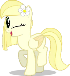Size: 356x384 | Tagged: safe, artist:tankman, derpibooru import, oc, oc:daisy heart, unofficial characters only, pegasus, pony, daisy (flower), flower, green eyes, image, looking at you, one eye closed, pegasus oc, png, raised hoof, shadow, simple background, solo, transparent background, wings, wink, winking at you, yellow mane