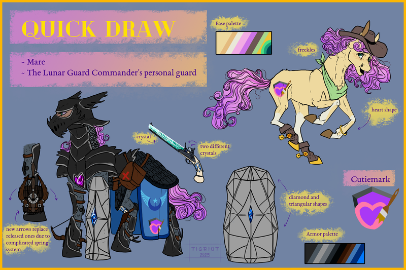 Size: 3000x2000 | Tagged: artist needed, safe, derpibooru import, oc, oc:quickdraw, earth pony, pony, armor, badass, bag, banner, boots, chain mail, clothes, coat markings, commissioner:dhs, cowboy hat, crossbow, crystal, cutie mark, cutie mark on clothes, description, feral, flintlock, freckles, gun, hat, helmet, hoof ring, image, lunar republic, name, plate armor, png, purple mane, red cross, reference sheet, running, saddle bag, satchel, shield, shoes, simple background, socks (coat marking), spurs, standing, weapon, yellow coat