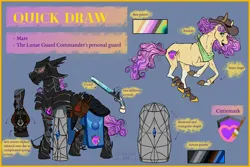 Size: 3000x2000 | Tagged: artist needed, safe, derpibooru import, oc, oc:quickdraw, earth pony, pony, armor, badass, bag, banner, boots, chain mail, clothes, coat markings, commissioner:dhs, cowboy hat, crossbow, crystal, cutie mark, cutie mark on clothes, description, feral, flintlock, freckles, gun, hat, helmet, hoof ring, image, lunar republic, name, plate armor, png, purple mane, red cross, reference sheet, running, saddle bag, satchel, shield, shoes, simple background, socks (coat marking), spurs, standing, weapon, yellow coat