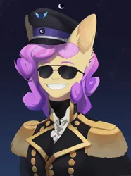 Size: 2248x3017 | Tagged: artist needed, safe, derpibooru import, oc, oc:quickdraw, anthro, equestria at war mod, big ears, bust, clothes, commissioner:dhs, curly hair, dictator, epaulettes, evil, evil grin, grin, hat, image, lunar republic, military uniform, moon, night, night sky, png, portrait, simple background, sky, smiling, sunglasses, uniform