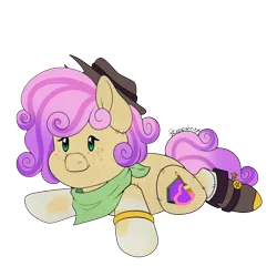 Size: 1000x1000 | Tagged: safe, artist:rcdesenhista, derpibooru import, oc, oc:quickdraw, earth pony, pony, boots, clothes, coat markings, commission, commissioner:dhs, cowboy hat, hat, hoof ring, image, plushie, png, purple mane, scarf, shoes, simple background, socks (coat marking), spurs, transparent background, ych result, yellow coat
