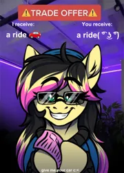 Size: 345x480 | Tagged: suggestive, artist:notetaker, derpibooru import, edit, oc, oc:lotus elisia, earth pony, pony, beanie, beanie hat, female, grin, hat, image, meme, pink slip, png, smiling, solo, sunglasses, text, trade offer