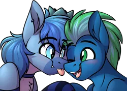 Size: 1478x1058 | Tagged: safe, artist:notetaker, derpibooru import, oc, oc:simon pegasus, unofficial characters only, bat pony, pegasus, pony, :p, couple, duo, ear piercing, eye clipping through hair, gay, image, male, pegasus oc, piercing, png, tongue out, wings