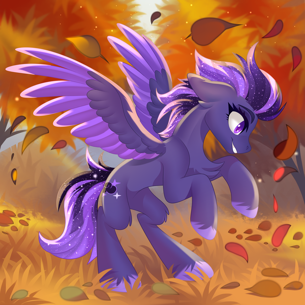 Size: 3000x3000 | Tagged: safe, artist:xvostik, derpibooru import, oc, oc:shadow galaxy, unofficial characters only, pegasus, pony, autumn, chest fluff, commission, ethereal mane, falling leaves, female, grass, hooves, image, leaves, mare, pegasus oc, png, smiling, solo, spread wings, starry mane, starry tail, tail, tree, unshorn fetlocks, wings, ych result