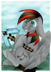 Size: 835x1180 | Tagged: artist needed, safe, derpibooru import, oc, oc:darkshy, unofficial characters only, pegasus, blue eyes, diamond pickaxe, gray body, image, jpeg, minecraft, pickaxe, red and black mane, traditional art, wings