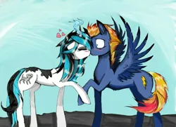 Size: 1024x742 | Tagged: safe, artist:hysteriana, derpibooru import, oc, oc:evening lake, oc:wing hurricane, pegasus, pony, unicorn, blushing, digital art, duo, duo male and female, embarrassed, female, horn, image, kissing, light skin, love, male, old art, pegasus oc, png, relationship, shipping, sky, spots, spotted, spread wings, stallion, unicorn oc, wings