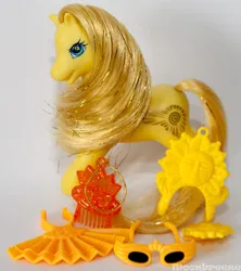 Size: 711x800 | Tagged: safe, derpibooru import, photographer:moonbreeze, earth pony, pony, g2, comb, crown, fan, female, image, jewelry, mare, open mouth, open smile, photo, png, princess golden light, raised hoof, regalia, smiling, solo, sunglasses, toy
