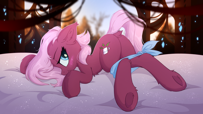 Size: 3840x2160 | Tagged: suggestive, alternate version, artist:danli69, artist:hioshiru, derpibooru import, jasmine leaf, earth pony, pony, adorasexy, bed, blushing, butt, chest fluff, collaboration, cute, dock, ear fluff, eyebrows, female, g4, high res, image, jasminebetes, leg fluff, looking at you, lying down, mare, neckerchief, on bed, plot, png, prone, sexy, solo, solo female, tail, underhoof