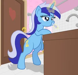 Size: 1776x1696 | Tagged: safe, artist:nitei, derpibooru import, minuette, pony, unicorn, bathroom, brushing teeth, cute, female, image, magic, magic aura, mare, minubetes, png, show accurate, shower, sink, solo, standing on two hooves, toothbrush