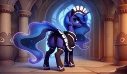 Size: 3264x1920 | Tagged: suggestive, derpibooru import, machine learning generated, stable diffusion, princess luna, alicorn, pony, ai content, butt, clothes, derpibooru exclusive, ethereal mane, ethereal tail, female, garters, generator:easyfluff v11.2, image, indoors, jpeg, looking at you, looking back, looking back at you, maid, maid headdress, mare, panties, plot, prompter:siber, rear view, skirt, smiling, smiling at you, socks, solo, tail, thigh highs, underwear