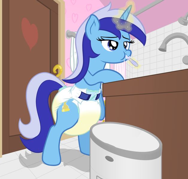 Size: 1776x1696 | Tagged: questionable, artist:nitei, derpibooru import, pony, unicorn, bathroom, brushing teeth, casual, diaper, diaper fetish, diaper pail, female, fetish, image, mare, png, soggy diaper, solo, toothbrush, urine, wet diaper