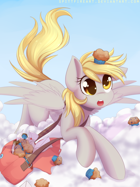 Size: 3150x4200 | Tagged: safe, artist:nightcreepx, artist:spittfireart, derpibooru import, derpy hooves, pegasus, pony, bag, cloud, cute, derpabetes, female, food, g4, high res, image, letter, mailbag, mailmare, mare, muffin, on a cloud, open mouth, png, signature, sky, solo, spread wings, wings