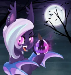 Size: 2350x2485 | Tagged: safe, artist:spookyle, derpibooru import, oc, oc:hollow melody, bat, bat pony, pony, female, halloween, holiday, image, jack-o-lantern, mare, moon, png, pumpkin, solo