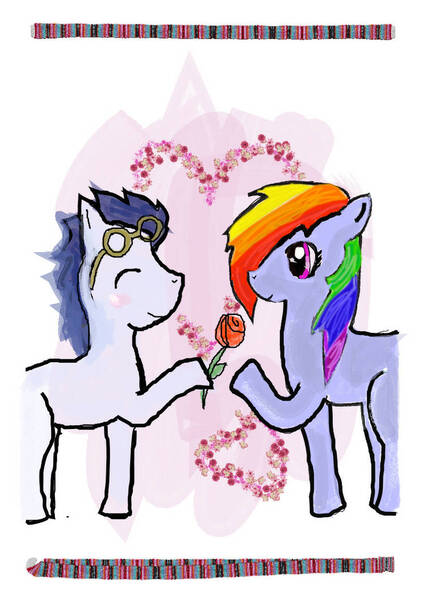 Size: 749x1060 | Tagged: safe, artist:derpiee, derpibooru import, rainbow dash, soarin', pegasus, pony, female, flower, image, jpeg, male, mare, rose, shipping, soarindash, stallion, straight