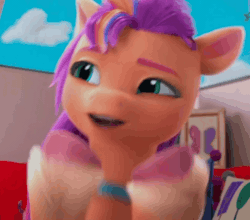 Size: 978x860 | Tagged: safe, derpibooru import, edit, edited screencap, screencap, sunny starscout, g5, my little pony: make your mark, spoiler:g5, spoiler:my little pony: make your mark, spoiler:my little pony: make your mark chapter 5, spoiler:mymc05e02, animated, cloud, cropped, excited, family trees, gif, head tilt, hooves to the chest, hooves together, image, my little pony: make your mark chapter 5, picture frame, pillow, sky, solo