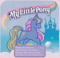 Size: 575x557 | Tagged: safe, derpibooru import, official, princess crystal, earth pony, pony, g2, backcard, castle, cloud, crystal ball, female, hat, image, italian, jpeg, mare, my little pony logo, name, rainbow, raised hoof, smiling, solo, sparkles, text, wizard hat