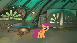 Size: 960x541 | Tagged: safe, artist:rainbowderp98, derpibooru import, scootaloo, pegasus, pony, female, filly, foal, image, indoors, looking around, png, solo, solo female, table, teletubbies, tubbytronic superdome