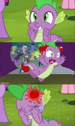 Size: 1500x2506 | Tagged: safe, edit, edited screencap, ponerpics import, ponybooru import, screencap, spike, dragon, horse play, it ain't easy being breezies, abuse, crying, food, image, jpeg, male, sad, spikeabuse, stage, tomato, tomatoes