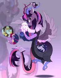 Size: 750x953 | Tagged: safe, artist:mariakarpova123, derpibooru import, owlowiscious, oc, draconequus, dungeons and discords, the last problem, energy ball, energy blast, floating, fusion: discolight, fusion:discord, fusion:twilight sparkle, image, jpeg, shadow, spread wings, wings