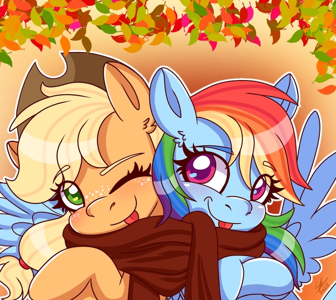 Size: 1280x1147 | Tagged: safe, artist:galaxy swirl, derpibooru import, applejack, rainbow dash, earth pony, pegasus, pony, appledash, autumn, clothes, female, gradient background, image, jpeg, lesbian, scarf, shared clothing, shared scarf, shipping, tongue out