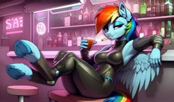 Size: 3264x1920 | Tagged: safe, derpibooru import, machine learning generated, stable diffusion, rainbow dash, anthro, pegasus, unguligrade anthro, ai content, alcohol, armpits, bar, bedroom eyes, bodysuit, bottle, breasts, cigarette, clothes, drink, ear fluff, generator:easyfluff v11.2, holding, image, indoors, jpeg, leaning, legs in air, looking at you, prompter:siber, sitting, smoking, stool, tight clothing, underhoof