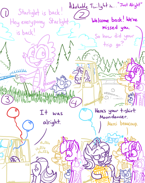 Size: 4779x6013 | Tagged: safe, artist:adorkabletwilightandfriends, derpibooru import, moondancer, spike, starlight glimmer, twilight sparkle, twilight sparkle (alicorn), oc, oc:pinenut, alicorn, butterfly, cat, insect, comic:adorkable twilight and friends, adorkable, adorkable twilight, automobile, balloon, bending, bent over, butt, car, clothes, cloud, comic, cute, dork, driving, excited, eyes on the prize, french, friendship, glasses, glimmer glutes, grass, happy, holding, hose, humor, image, kite, looking at each other, looking at someone, looking away, magic, pleased, plot, png, shirt, slice of life, smiling, surprised, surprised face, t-shirt, trophy, visual gag, volvo, water, watering