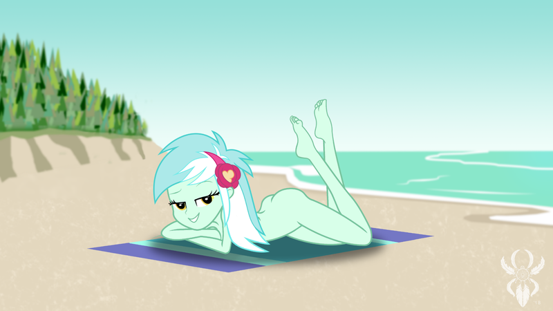 Size: 1921x1080 | Tagged: questionable, artist:legendaryspider, derpibooru import, edit, lyra heartstrings, equestria girls, ass, butt, feet, female, image, looking at you, lyra hindstrings, nude beach, nudity, png, show accurate, show accurate porn, solo, solo female, the pose