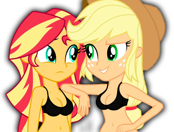 Size: 592x450 | Tagged: suggestive, derpibooru import, edit, edited screencap, editor:ah96, screencap, applejack, sunset shimmer, equestria girls, friendship games, background removed, belly button, black underwear, breasts, clothes, duo, duo female, female, hat, image, nudity, png, pretty, underwear