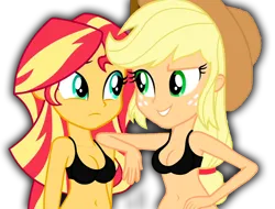 Size: 592x450 | Tagged: suggestive, derpibooru import, edit, edited screencap, editor:ah96, screencap, applejack, sunset shimmer, equestria girls, friendship games, background removed, belly button, black underwear, breasts, clothes, duo, duo female, female, hat, image, nudity, png, pretty, underwear