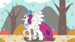 Size: 3264x1833 | Tagged: safe, artist:supahdonarudo, derpibooru import, queen novo, classical hippogriff, hippogriff, my little pony: the movie, autumn, cloud, image, leaf, leaf pile, looking up, mountain, mountain range, png, pumpkin, tree, walking