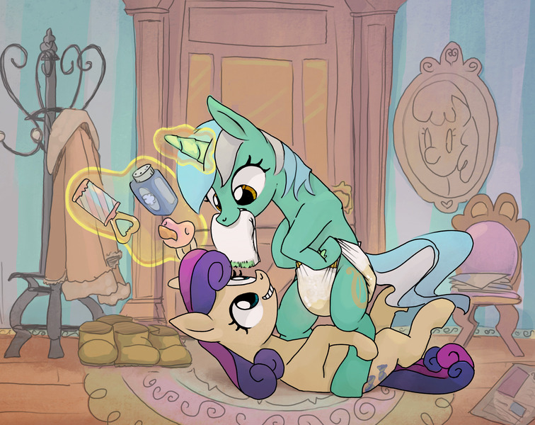 Size: 2479x1967 | Tagged: questionable, artist:asdfasfasda, derpibooru import, bon bon, lyra heartstrings, sweetie drops, pony, adult foal, bipedal, diaper, diaper fetish, diapered, duo, excited, female, fetish, foal powder, grin, image, indoors, jpeg, lesbian, lying down, lyrabon, mare, mouth hold, non-baby in diaper, on back, on top, pacifier, pissing, rattle, shipping, smiling, tugging, urine, wet diaper