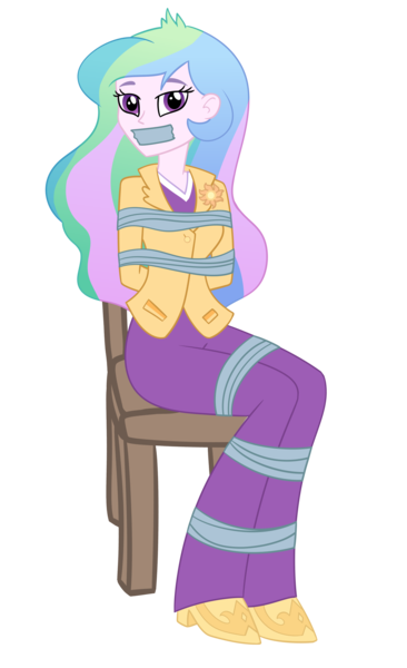 Size: 2000x3278 | Tagged: safe, artist:splendidbondage, derpibooru import, princess celestia, equestria girls, bondage, gag, image, png, principal celestia, solo, tape, tape gag, tied up