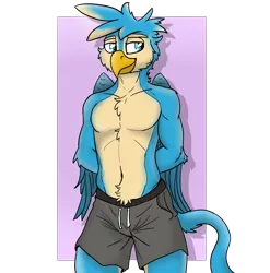 Size: 4265x4314 | Tagged: safe, artist:pzkratzer, derpibooru import, gallus, anthro, gryphon, belly button, clothes, colored sketch, fur, image, male, png, sexy, simple background, sketch, solo, stupid sexy gallus, swimsuit, underwear