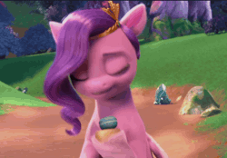 Size: 1556x1084 | Tagged: safe, derpibooru import, screencap, pipp petals, g5, my little pony: make your mark, spoiler:g5, spoiler:my little pony: make your mark, spoiler:my little pony: make your mark chapter 5, spoiler:mymc05e02, animated, eyes closed, family trees, food, gif, image, macaron, meditating, my little pony: make your mark chapter 5, outdoors, solo, stretching