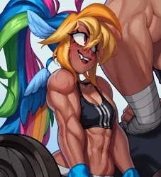 Size: 817x900 | Tagged: safe, artist:tangobat, derpibooru import, applejack, rainbow dash, human, adidas, alternate hairstyle, applejacked, belly button, breasts, clothes, colored wings, delicious flat chest, eared humanization, female, humanized, image, looking up, medium support, meme, moderate dark skin, multicolored wings, muscles, muscular female, offscreen character, png, ponytail, rainbow flat, rainbow wings, rainbuff dash, red face, shading, small breasts, solo focus, sports bra, sweat, weight lifting, weights, winged humanization, wings, wip