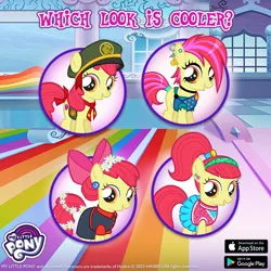 Size: 1080x1080 | Tagged: safe, derpibooru import, apple bloom, earth pony, pony, alternate clothes, alternate hairstyle, clothes, dress, ear piercing, female, filly, filly guides, flower, flower in hair, flower in tail, foal, gameloft, hat, headband, image, jpeg, piercing, solo, tail, text
