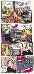 Size: 1460x3136 | Tagged: safe, artist:fluttershyweed, derpibooru import, fluttershy, tree hugger, anthro, earth pony, pegasus, pony, car, clothes, comic, dialogue, driving, duo, female, hoodie, image, mare, png, speech bubble, tongue out