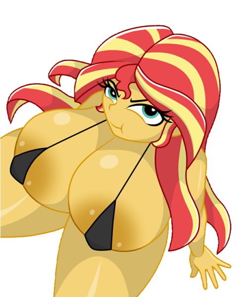 Size: 900x1100 | Tagged: questionable, artist:mashoart, derpibooru import, edit, editor:cassius2003, sunset shimmer, human, equestria girls, :i, :t, areola, areola slip, background removed, big areola, big breasts, bikini, breasts, busty sunset shimmer, cleavage, clothes, dark areola, female, huge breasts, image, impossibly large breasts, looking at you, looking up, looking up at you, micro bikini, nudity, png, simple background, smiling, solo, solo female, swimsuit, thighs, transparent background