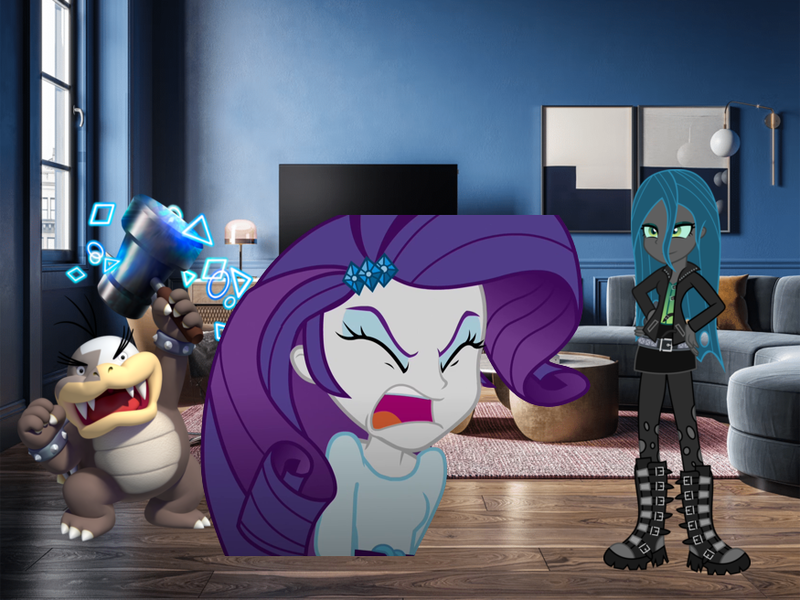 Size: 875x656 | Tagged: safe, ponerpics import, ponybooru import, queen chrysalis, rarity, equestria girls, rainbow rocks, image, living room, morton koopa jr., png