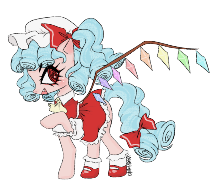 Size: 2094x1815 | Tagged: safe, artist:cozyglow, derpibooru import, cozy glow, pegasus, pony, undead, vampire, vampony, blue hair, clothes, cosplay, costume, crossover, dress, fangs, female, filly, flandre scarlet, foal, hat, image, png, ponytail, red dress, red eyes, ruffles, simple background, skirt, smiling, solo, touhou, transparent background