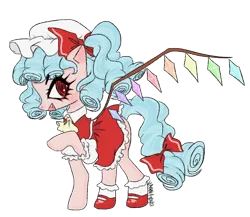 Size: 2094x1815 | Tagged: safe, artist:cozyglow, derpibooru import, cozy glow, pegasus, pony, undead, vampire, vampony, blue hair, clothes, cosplay, costume, crossover, dress, fangs, female, filly, flandre scarlet, foal, hat, image, png, ponytail, red dress, red eyes, ruffles, simple background, skirt, smiling, solo, touhou, transparent background